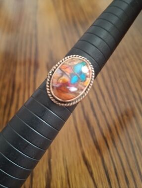 Ring Spiny Oyster Oval Set In Copper Frame And Band Size 7.5